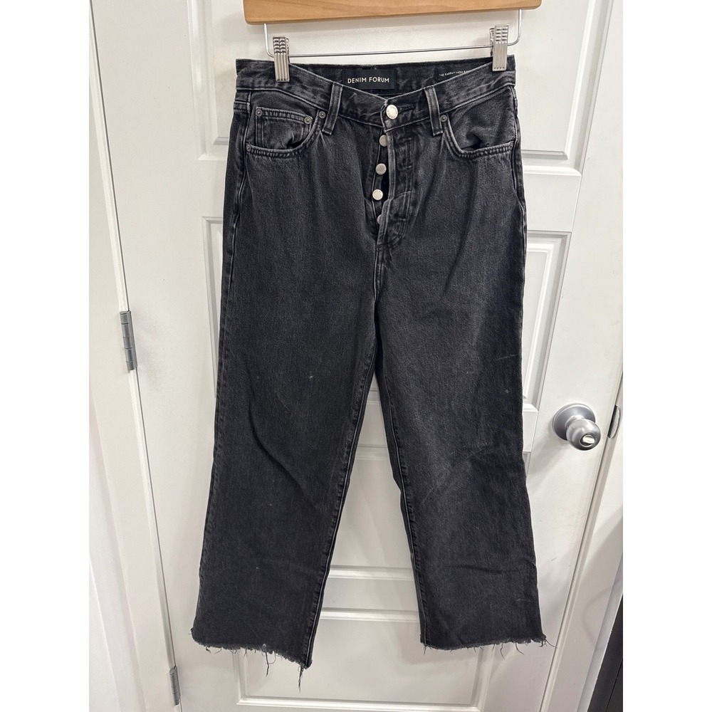 Denim Forum The Farrah High Rise Wide Leg Jeans Black Raw Hem Size 26